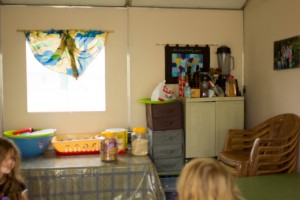 Our kitchen "sink" area and food cabinet (to the right). 