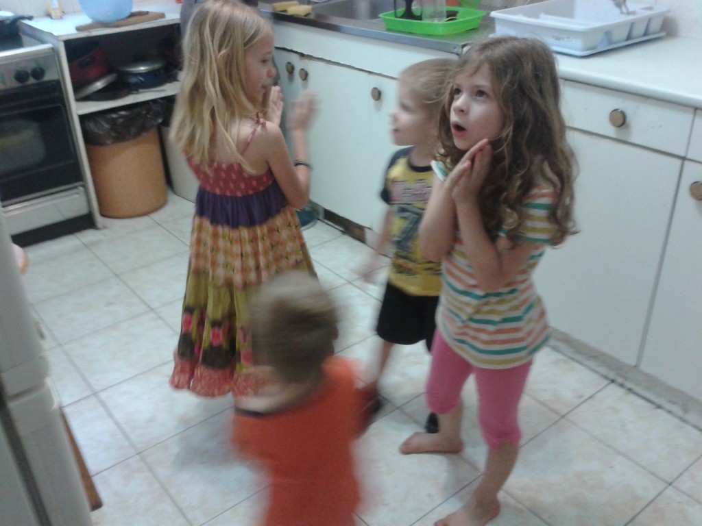 5:10-prepping dinner while the kids sing some of their songs from pre-school to entertain me in the kitchen