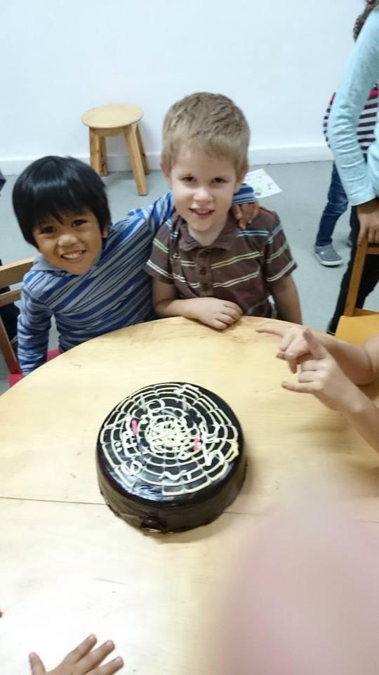W-man and his best bud here getting ready to enjoy cake at school.