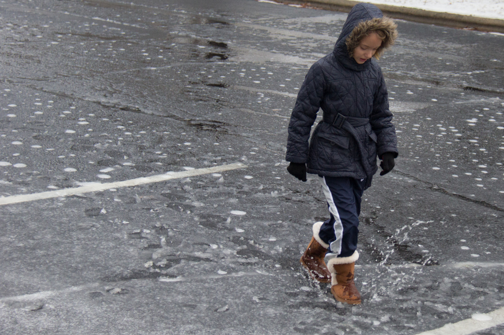 2.26-Puddle stomping in the slush/snow...seeing my kids in cold weather clothing is so odd!