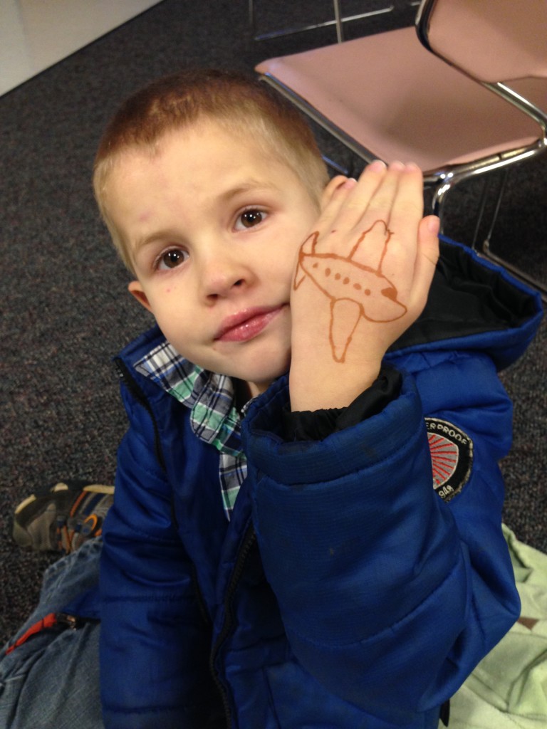 A fun henna night before leaving, W-man wanted an airplane.